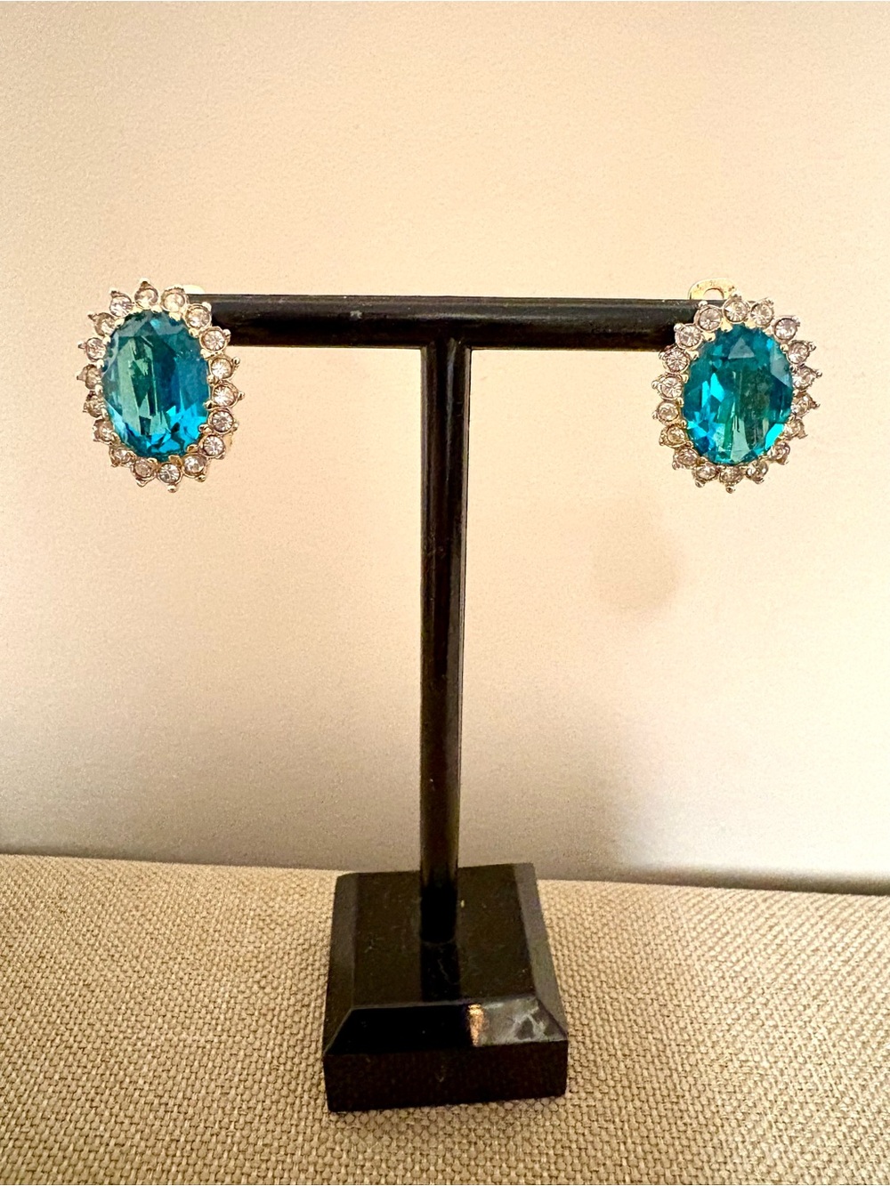 Vintage Nina Ricci Earrings, pierced STUNNING Turquoise Blue color Rhinestones